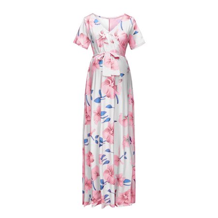 

Liveday Women Pregnant Maternity Casual Maxi Dress V-neck Short Sleeve Super Long Loose Pregnant Woman Dresses with Floral Print