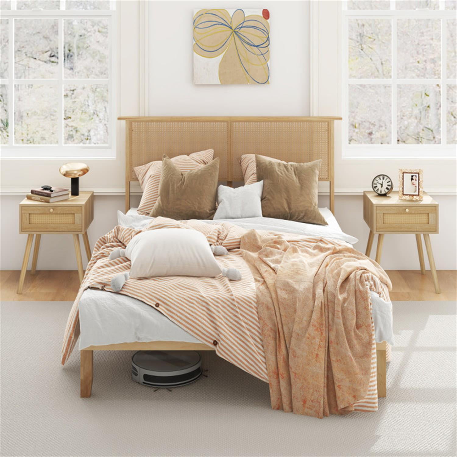 Demi Bonn Full Size Bed Frame with Rattan Headboard, Platform Bed Frame with 12 Strong Wood Slat Support, No Box Spring Needed, Beige