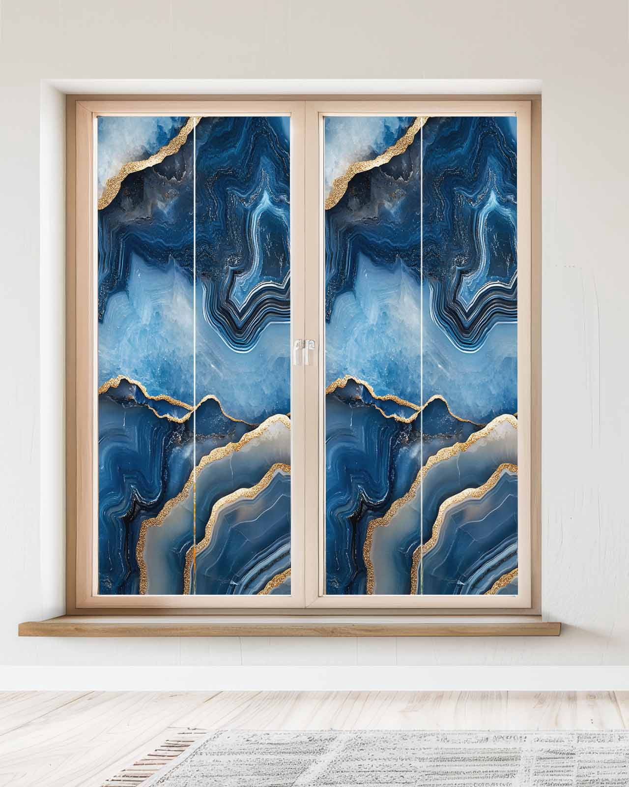 Window Privacy Film Blue Marble Stained Glass Window Film Decorative Sun Block Window Cover Contemporary Abstract Golden Foil Texture Window Clings Static Adhesive Sticker for Bathroom 23.6"x59"