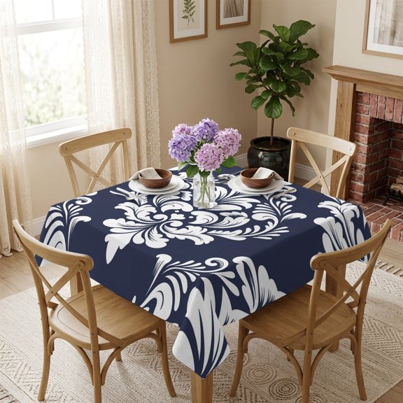 Navy Blue Luxurious Floral Square Tablecloth 54x54 Inch Classic Damask Abstract Art Waterproof Polyester Table Cover, Washable Stain Resistant Tablecloth for Dining Table Kitchen Wedding