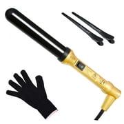 Le Angelique 1.25 Inch Large Barrel Ceramic Curling Wand for Long Hair & Big Beach Waves Curls - 32 mm Professional Thick Wide Curler Iron with Glove And 2 Clips, 450F Instant Heat, Dual Voltage -Gold