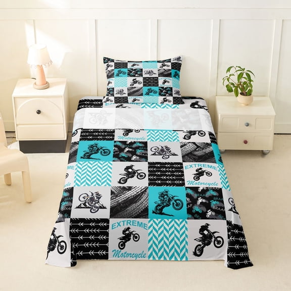 Castle Fairy Patchwork Extreme Motorcycle Twin Sheet Sets 3pcs for Youth, Chevron Dirt Bike Bedding for Modern Room, Blue Grey