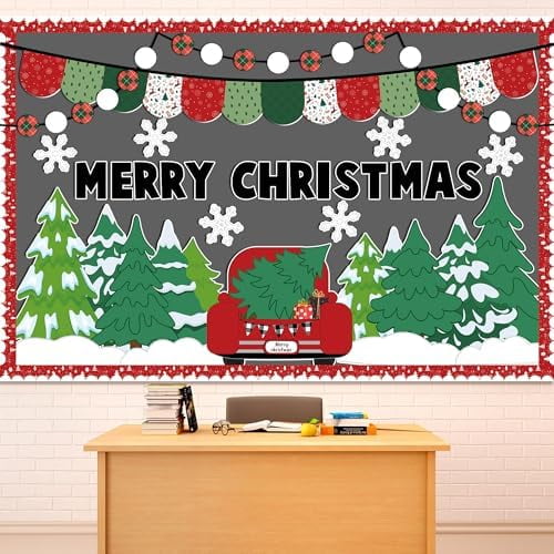 Bulletin Board Set - Merry Christmas Winter Classroom Decoration Xmas Tree Red Truck Cutouts for Holiday School Blackboard Chalkboard Wall Window Door Home Decor Supplies$$Office