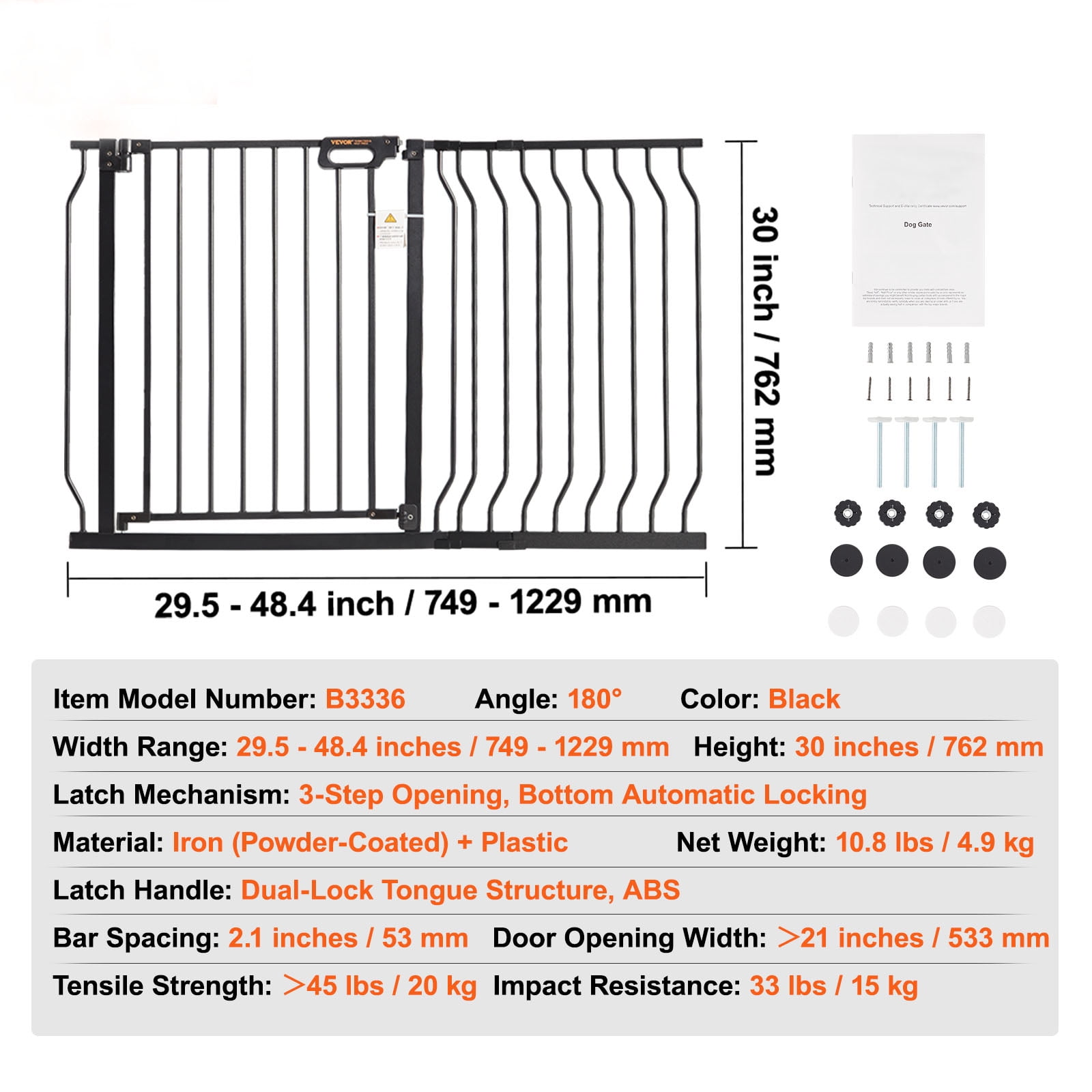 KFFKFF Baby Gate Safety Stair Gate Dog Bar Doorway 29.5"-48.4" Width 30" Height