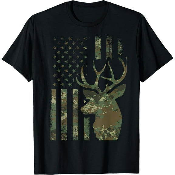 Camo American Flag Buck Hunting Gift for Elk Deer Hunter Men T-Shirt