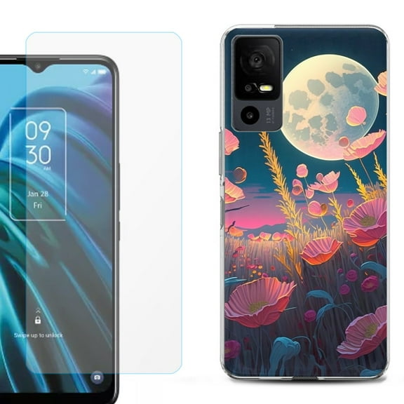 OneToughShield ® for TCL 40 XE 5G Shockproof Fashion Phone Case, with Tempered Glass Screen Protector - Moon Poppies