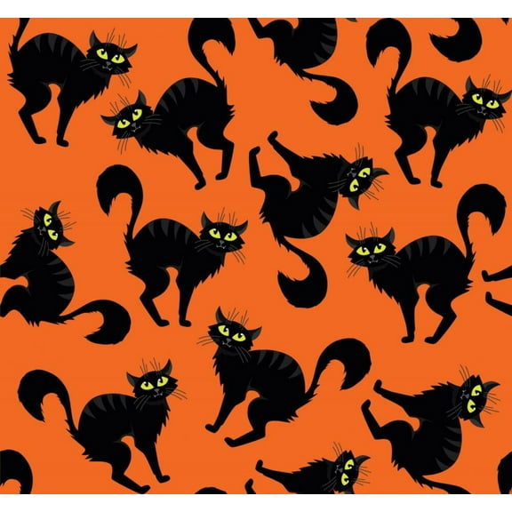 Halloween Creepy Black Cats on Orange 100% Cotton Fabric