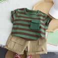 thumbnail image 2 of LNMQLPDBS Toddler Boy Short Sets Striped Color Block Print Short Sleeve Crewneck T Shirt with Chest Pocket + Solid Shorts 2pcs Outfits Trendy Summer Suit 18 Months Boy Clothes for Daily, 2 of 9