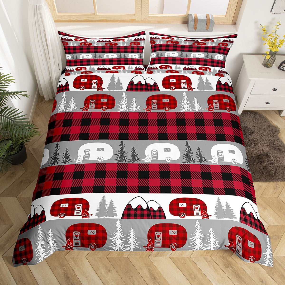 Happy Camping Duvet Cover Rustic Farmhouse Bedding Queen for Family