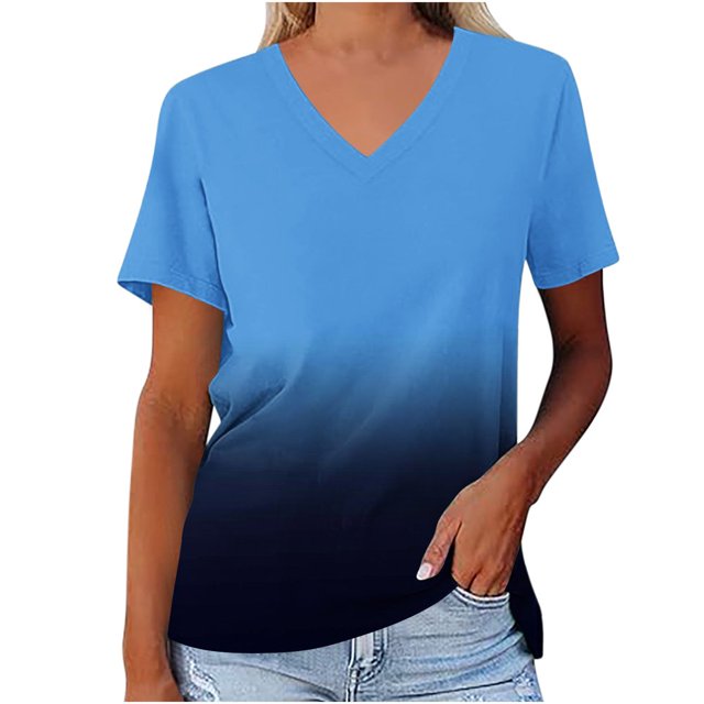 JUNWELL Plus Size Ombre T-Shirts for Women 2024 V Neck Tops Contrast Gradient Color Basic Tees Raglan Wide Short Sleeve Shirts Summer Fashion Breathable Loose Fit Flowy Casual Blouse Army