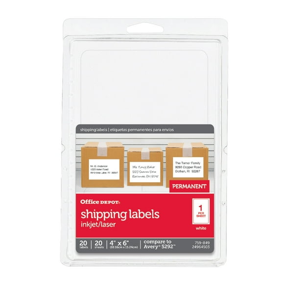Office Depot Permanent Inkjet/Laser ID Labels, 4in. x 6in., White, Pack Of 20, OD98814