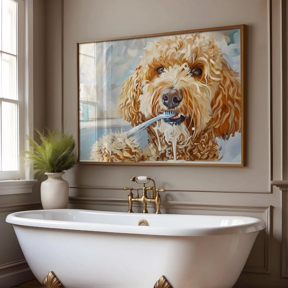 Goldendoodle Bathroom Wall Art, Bathroom Decor Art Print, Goldendoodle Brushing Teeth Art, Pet , T179 UNFRAMED Poster, Wall Art for Decor, Present, 8x12