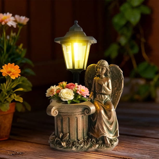 Garden Statue With Solar LED And Flower Pot 2 Color Resin Solar Light Outdoor Decor Praying Figurine With Planter For Patio Cemetery