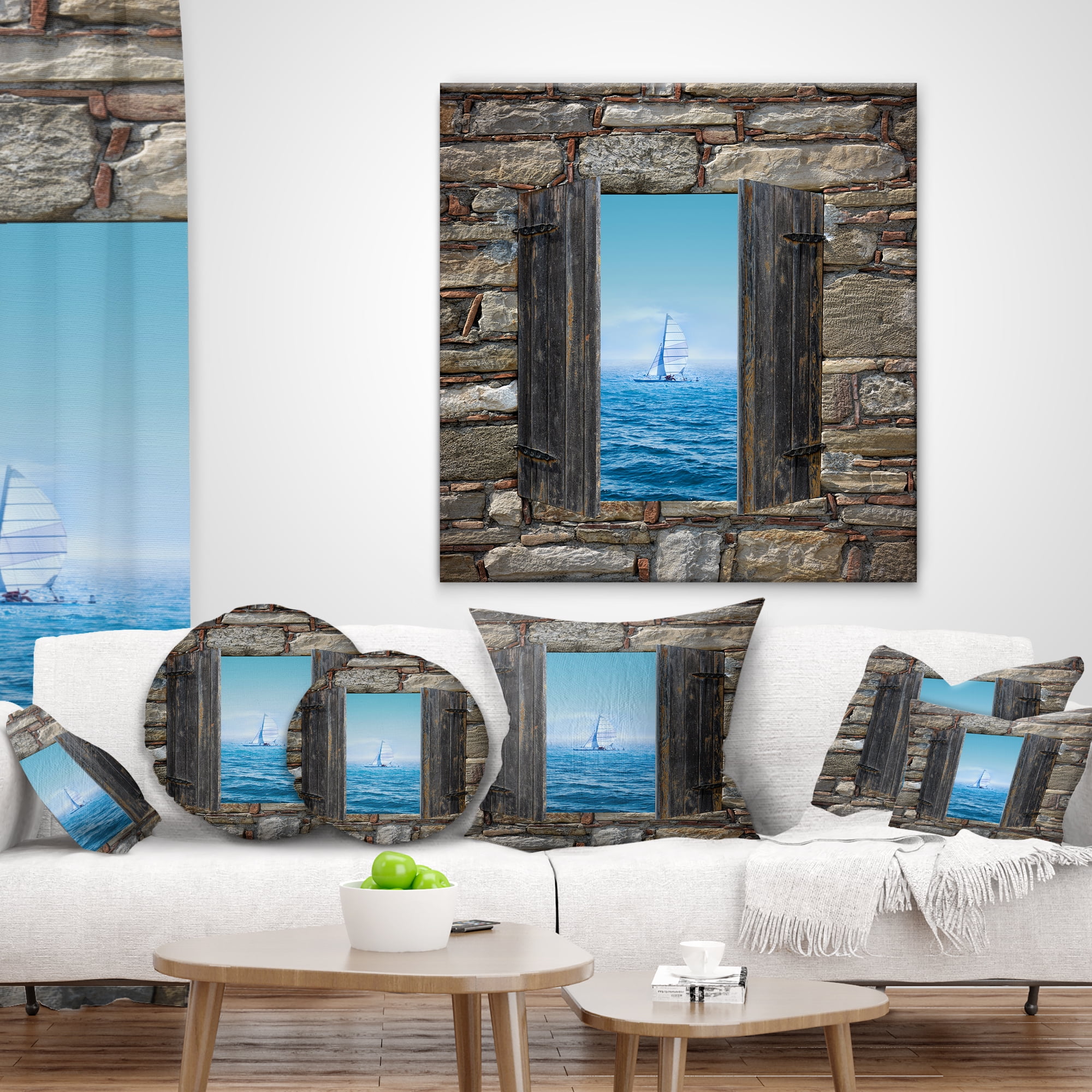 Designart Window Open To Sailing Boat - Seascape Throw Pillow - 18x18