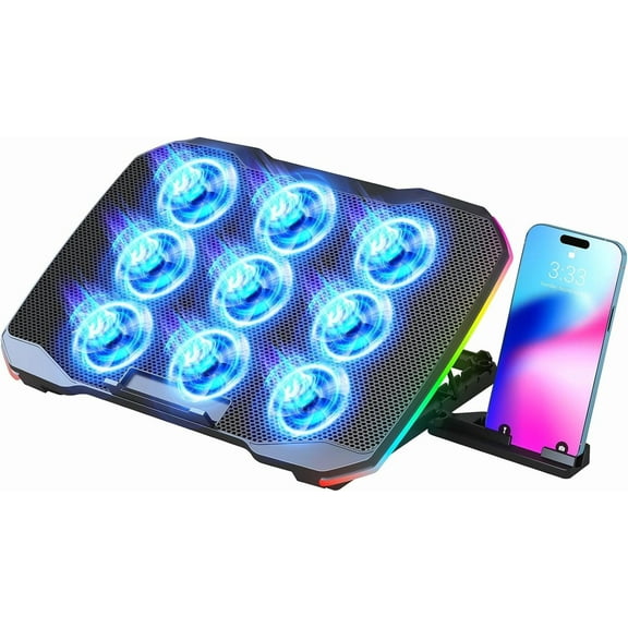 Laptop Cooling Pad, Gaming Cooler with 9 Quiet Fans, Stand for 12-17 Inch, Computer Fan 5 Height Adjustable,2 USB Ports,1 Phone