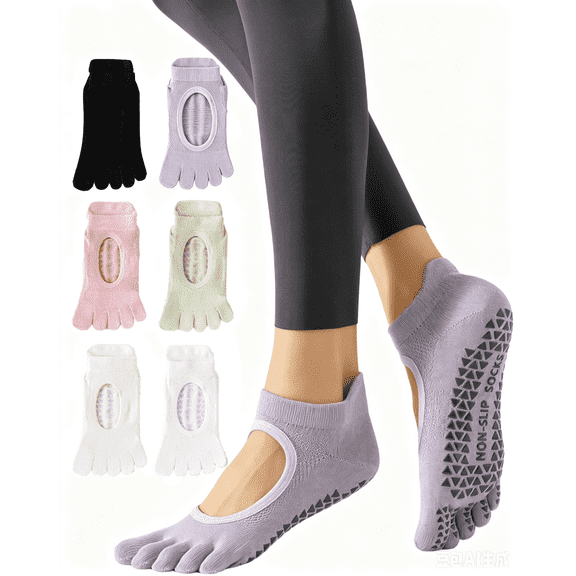 YOMYM Women Five Toe Split Toe Non Slip Yoga Socks,No Show Ankle Five Finger Workout Socks for Yoga Dance Home Fitness, 6 Pairs