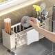 thumbnail image 5 of Organizador de escurridor de esponjas de cocina, cepillo, esponja para fregadero con bandeja de drenaje automático, estante de esponjas, cesto de drenaje multifuncional para el hogar - Beige, 5 of 7