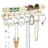 mDesign Steel Wall Mount Jewelry Organizer Rack with 8 Hooks/Basket, Gold Brass