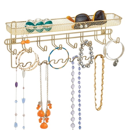 mDesign Steel Wall Mount Jewelry Organizer Rack with 8 Hooks/Basket, Gold Brass