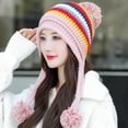 thumbnail image 5 of SikaFu New Knitted Hat Thick Warm Two Layers Earflap Hat Fleece Lined Colorful Big Ball Skullies Beanies Women Winter Beanie Hat, 5 of 6