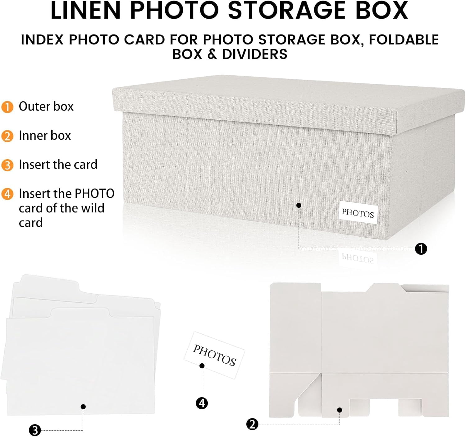 Decorative Photo Storage Box - Linen Photo Box Organizers with Dividers, Portable Scrapbook Storage Containers with Lid (Beige)