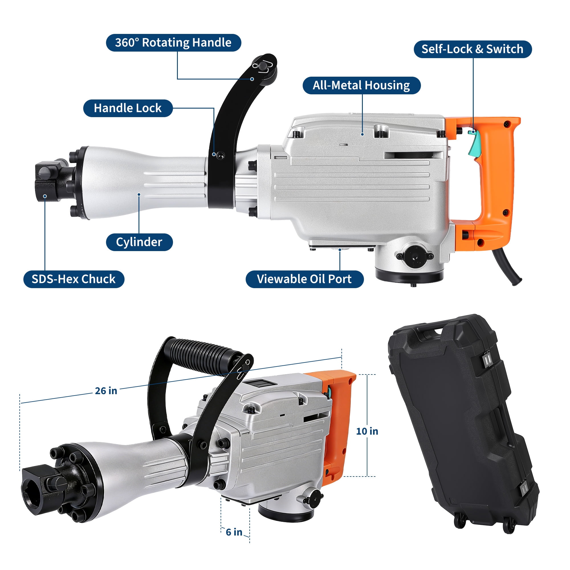 Electric Demolition Jackhammer 1500W Concrete Breaker 1800BPM 50J, Heavy Duty Demolition Hammer with Adjustable Anti-Vibration Handle, Safety Clutch, Carrying Case & 2 Chisels