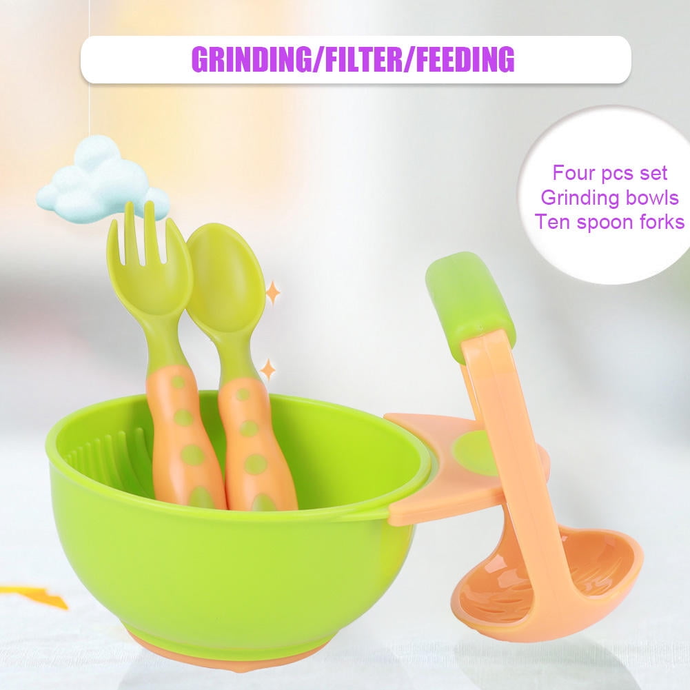 LAZIOEGR 4-Piece Baby Food Masher & Serve Set – Food-Grade PP Bowl, Fork & Spoon, Non-Slip Base, Spinning Handle, Orange & Green