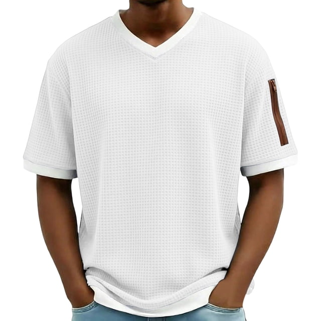 Hombro Frío Tops Hombres de Malla Respirable Manga Corta Cuello en V Color Sólido Suéter Superior