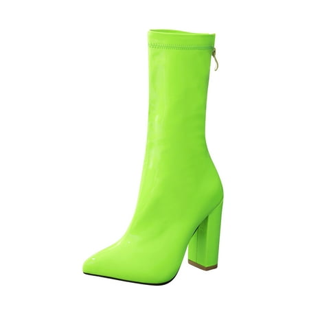 jsaierl Women Mid Calf Western Boots Chunky High Heels Pointed Toe Zipper Slouch Shoes High Heeled Ankle Boots