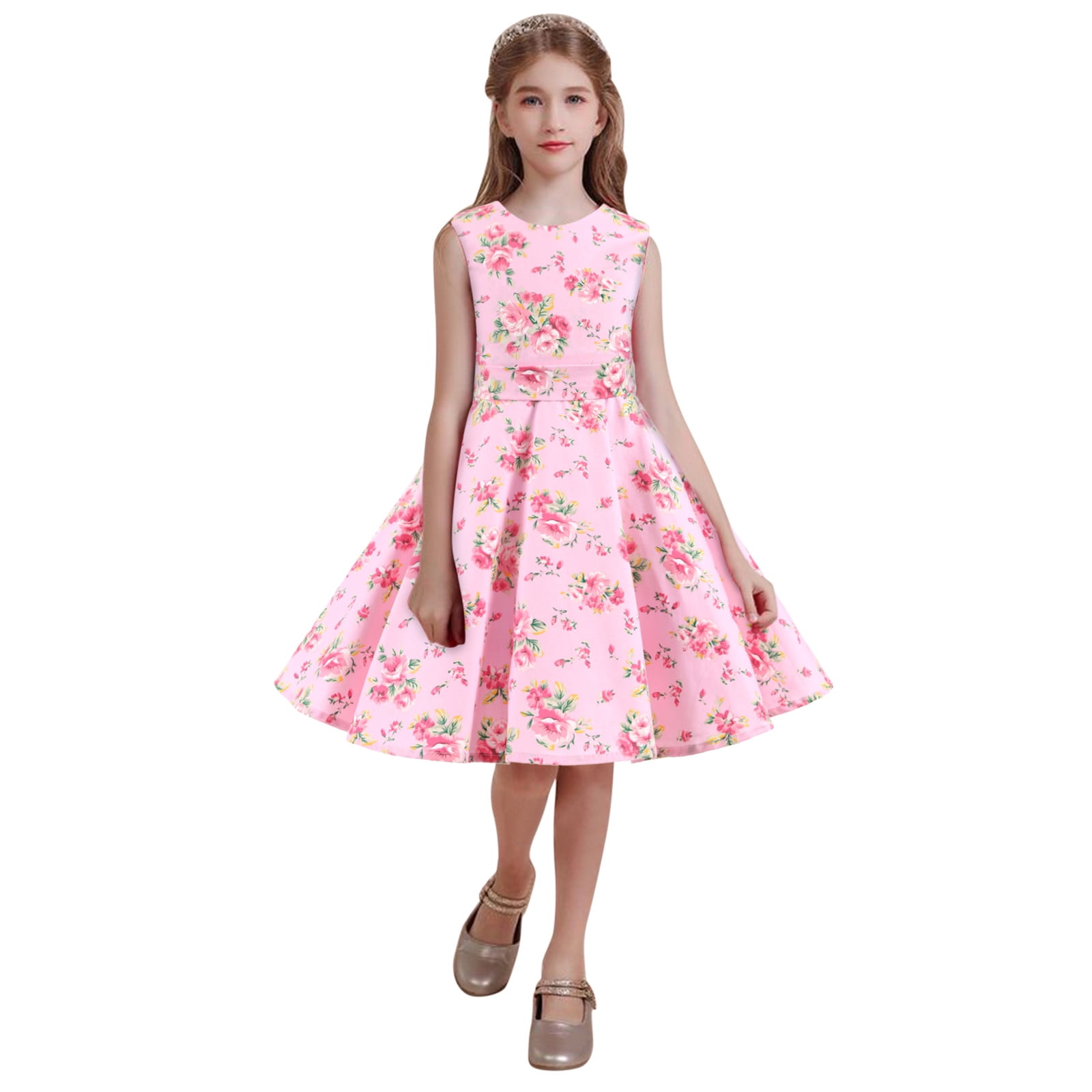CAICJ98 Girls Dresses Kids Toddler Girls Dress Above Knee Dress Short Bubble Sleeve Flower Print Short Dress Princess Dress Pink