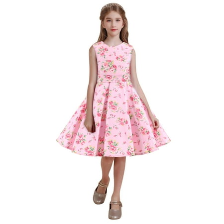 

nsendm Outfits Party Sleeveless Gown Dress Kid Dots Prints Floral Children Girl Princess Clothes Girls Little Girl Party Dress Dress Pink 6 Years