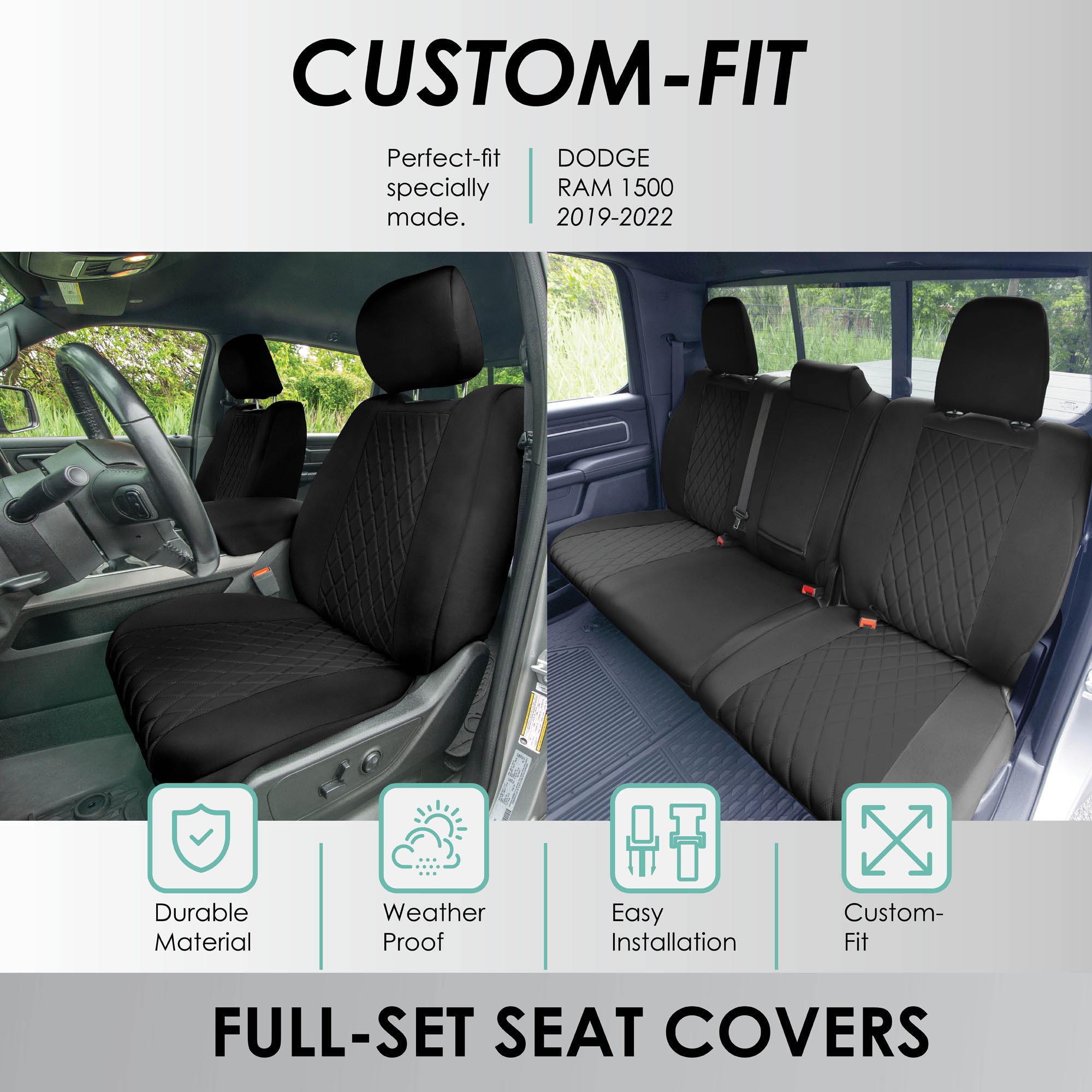 For 2022 – 2024 Dodge RAM 1500 FH Group Neoprene Waterproof Custom Fit Car Seat Covers  - Full Set Black - image 3 of 6