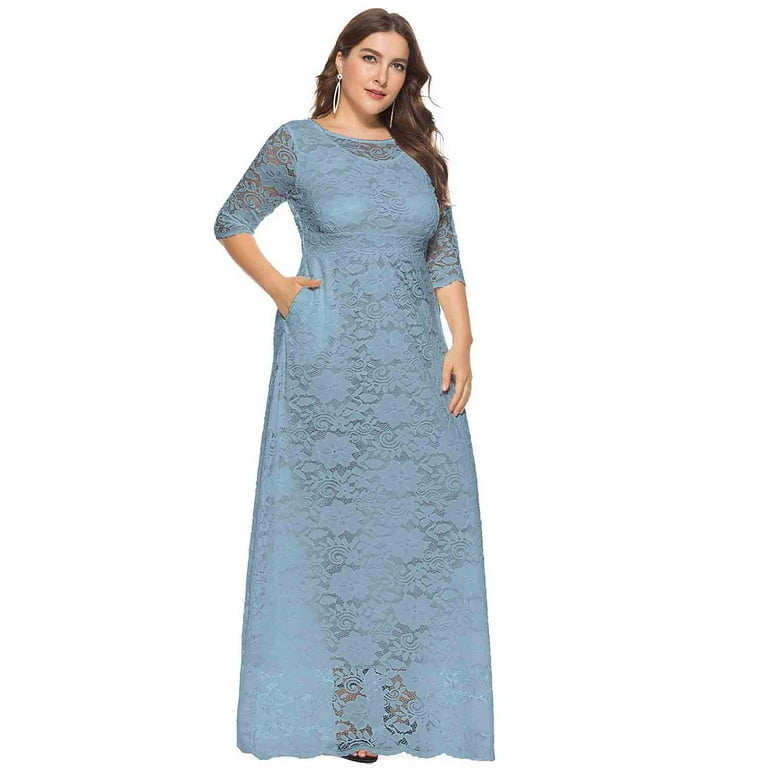 3/4 sleeve Solid Color Maxi Round neck High waist Lace Maxi Dresses 3/4 sleeve Solid Color Maxi Round neck High waist Lace Maxi Dresses