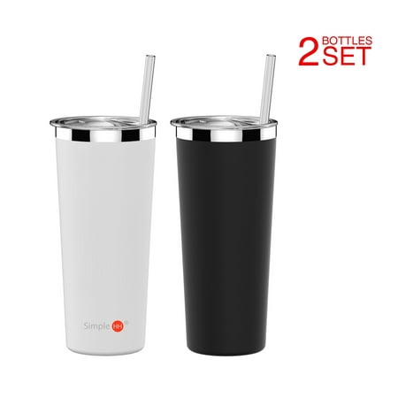 2 Pack Simple HH Vacuum Insulated Coffee Cup | Double Walled Stainless Steel Tumbler with straw | Travel Flask Mug | No Sweating, Keeps Hot & Cold| 22oz(650ml)|BPA (Best Way To Keep Coffee Hot)