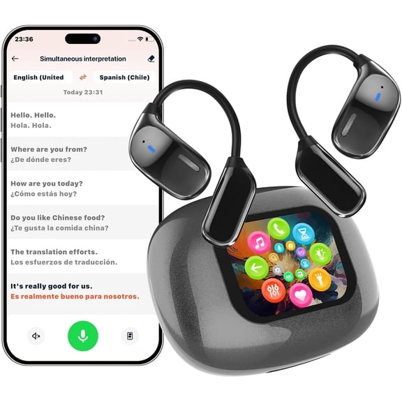 AI Translation Earbuds Real Time- 144 Languages Meeting Assistant LCD Touch Screen, Noise Cancelling, Wireless Headphones Open Ear Translator Earphones- Used for Travel, Business, Learning, Grey