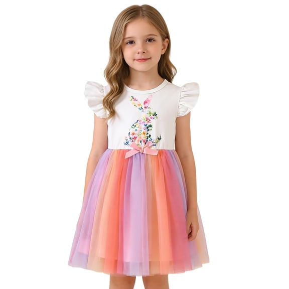 Xijirk Easter Dresses for Girls,Girls Easter Dress Floral Bunny Print with Sash and Puff Sleeves Celebration Party Outfit for Photoshoot Wear,Easter Dress,Red,4-5 Years