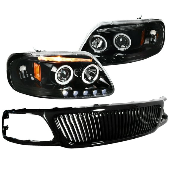 Spec-D Tuning Shiny Black LED Halo Projector Headlights Black Grille Compatible with 1999-2002 Ford F150 Expedition Left   Right Pair Headlamps Assembly