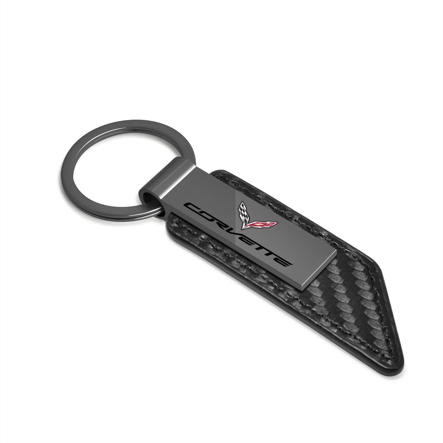 iPick Image for Chevrolet Corvette C7 Black Chrome Metal Plate Carbon Fiber Texture PU Leather Key Chain, Official Licensed