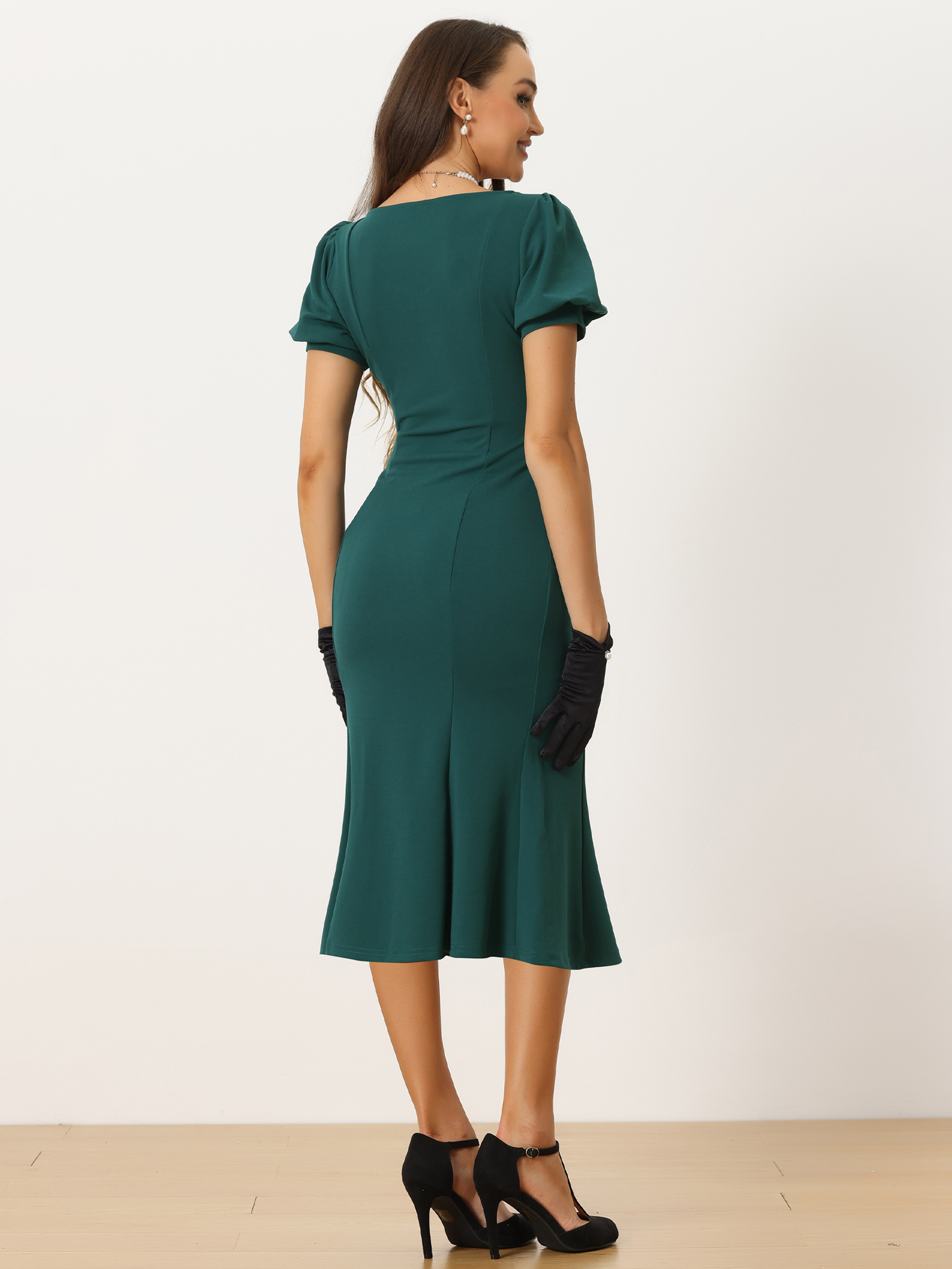 DARING DIVA Sweetheart Neck Puff Mermaid Midi Dress S Dark Green