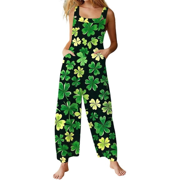 Gyujnb Women's St. Patrick's Day Jumpsuit - Black Green Yellow Shamrock Print Sleeveless Wide Leg Romper with Side Pockets for Irish Festival & Casual Wear,4XL