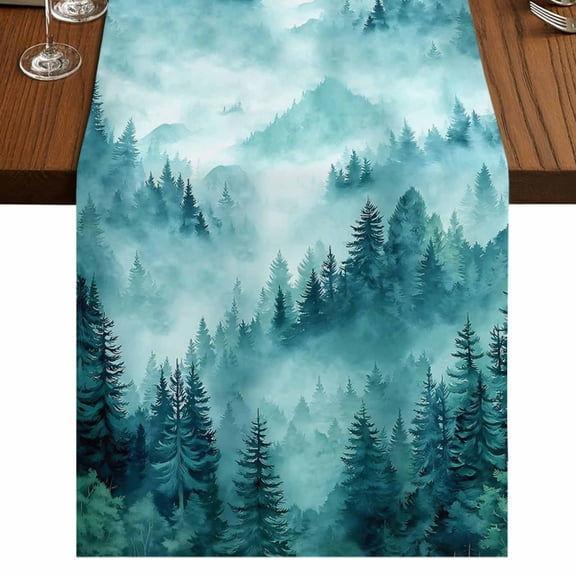 Table Runners 72 Inches Long Dress Scarves, Teal Mountain Farmhouse Kitchen/Dining Table Runner, Coffee Tablerunners, Misty Forest Nature Woodland Pine Tree Landscape 13x72 Inch