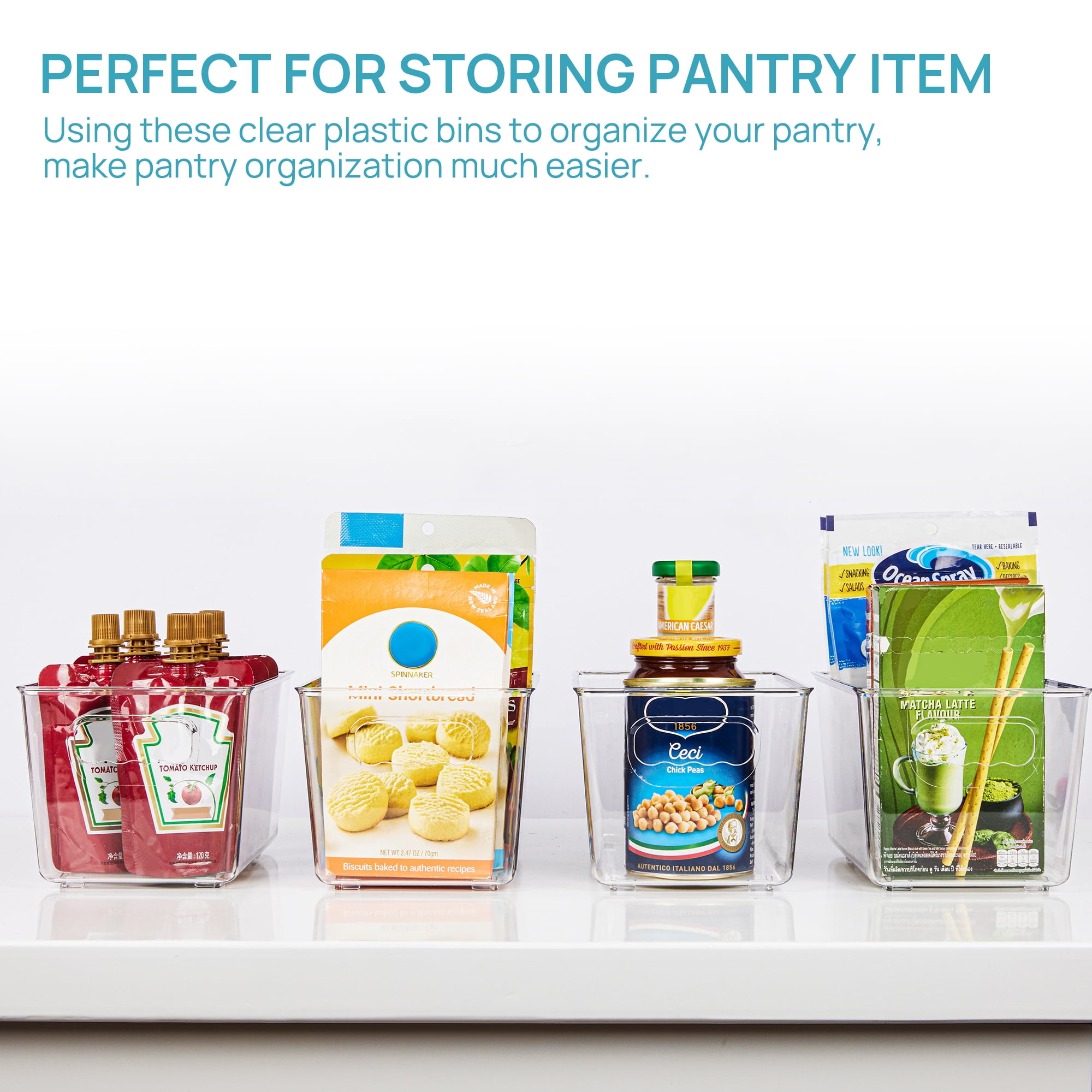 Sindcom 4 Pack Clear Plastic Storage Bins with Handles, Pantry Organizer Bins, for Refrigerator, Freezer, Cabinet, Kitchen, Countertops, SmallFreezer,Cabinet,Closet Organization and Storage