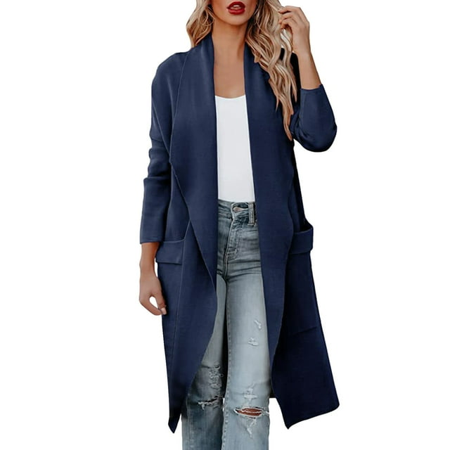 Manteau pour Femmes Automne Hiver Ample à devant Ouvert Pardessus Col Rond Trench Chaud Cardigan Mi-Long Couleur Unie Manteau Extérieur Mode Manches Longues Manteau Tricoté