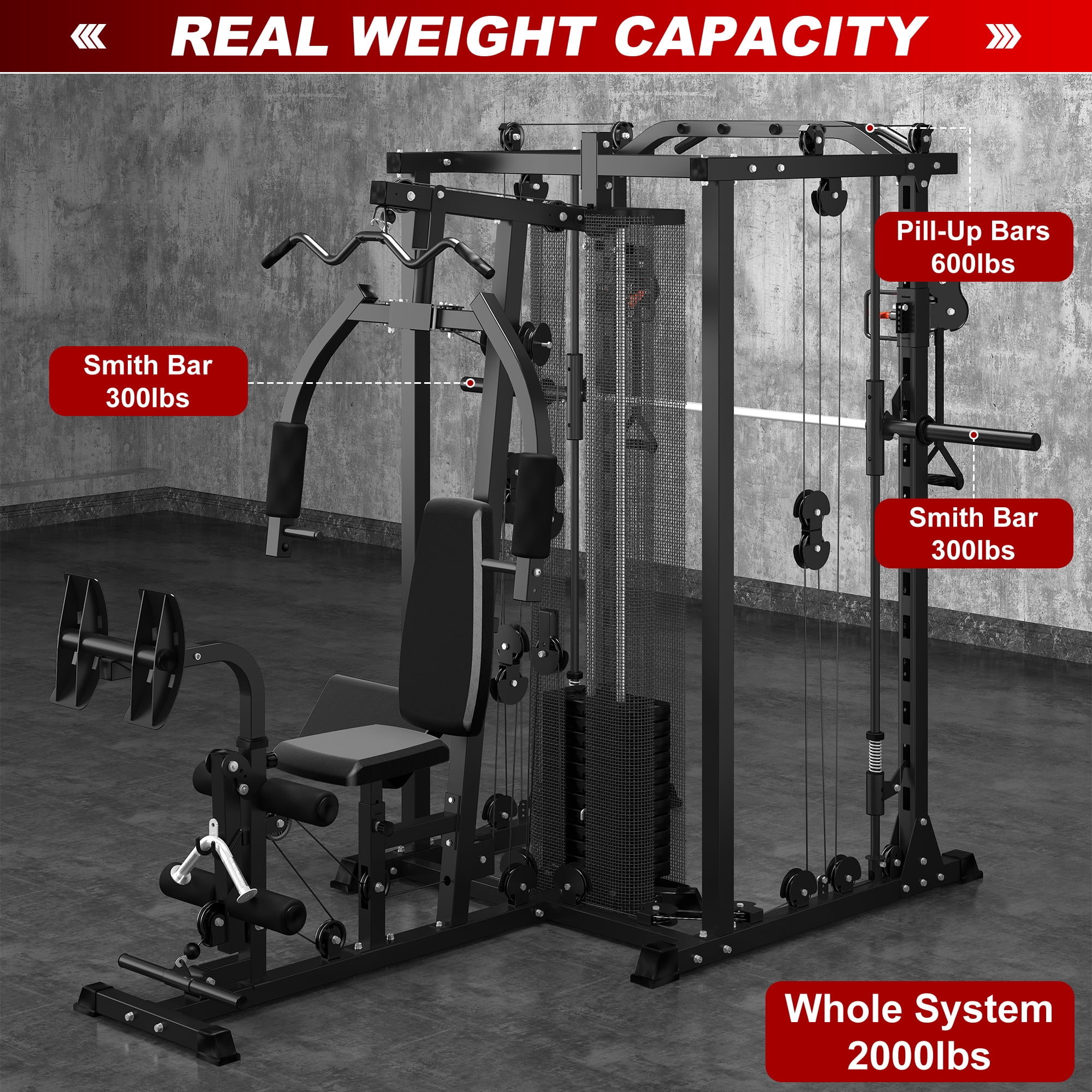gymusclo Multifunction Home Gym Equipment Workout Station, Smith Machine with 150LBS Weight Stack, Cable Crossover, Leg Press, LAT Station, Heavy Duty Functional Trainer for Full Body Training