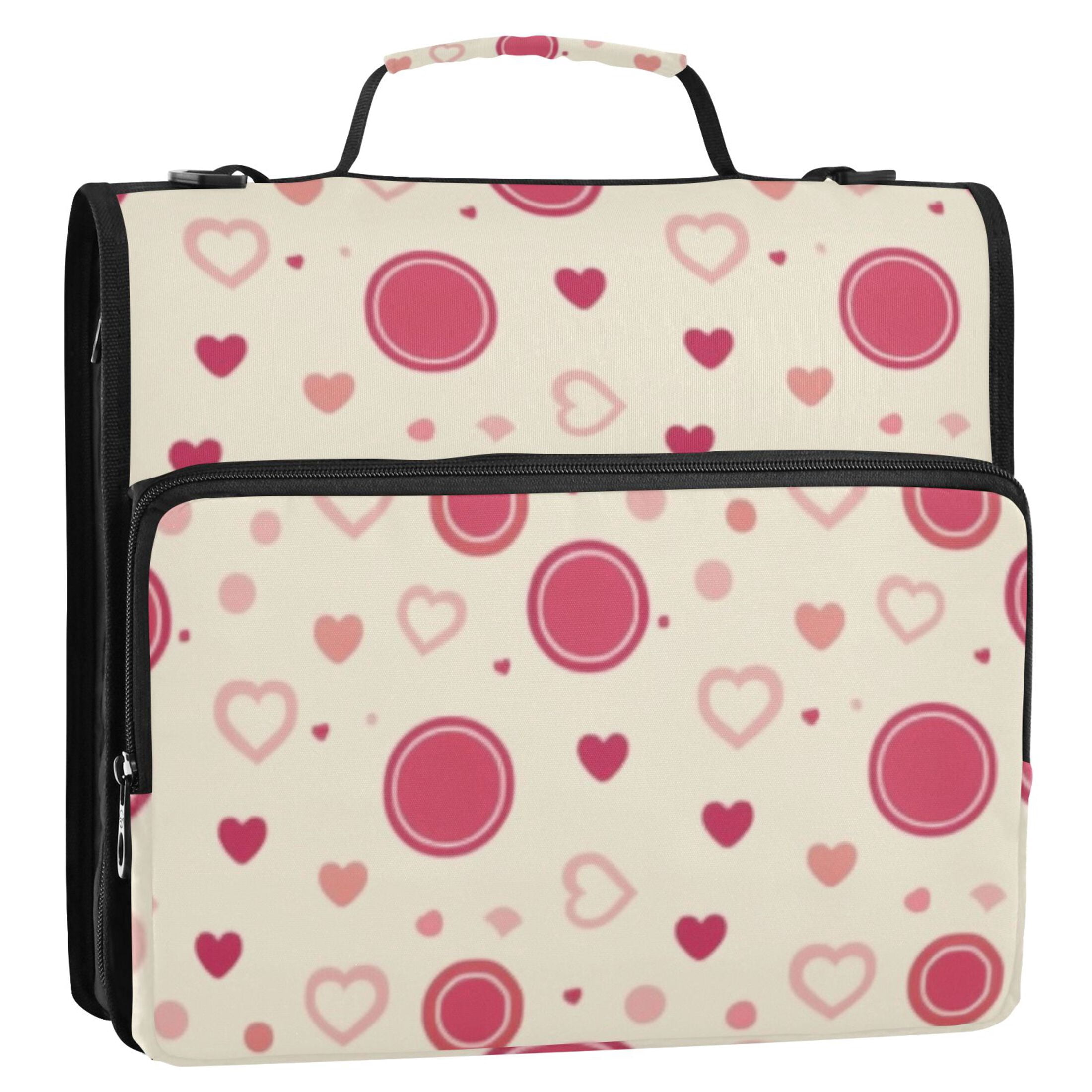 3 Ring Zipper Binder with Shoulder Strap Waterproof Trapper Keeper 2 Inch D-Ring 500 Sheets Capacity Heart and Dot