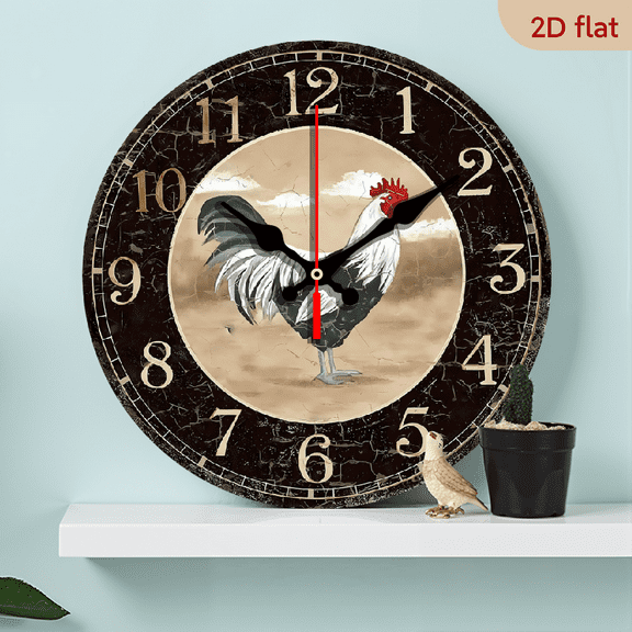 2D Flat 1pc 10Inch Wooden Non-Ticking Wall Clock Silent Clock, Vintage Home Decor for Living Room Kitchen Bedroom, Vintage Rooster White