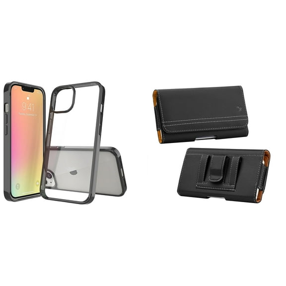Bemz Case and Pouch Bundle for iPhone 14 Pro Max: Fusion Protector Slim Case (Black/Clear) and PU Leather Magnetic Belt Holster