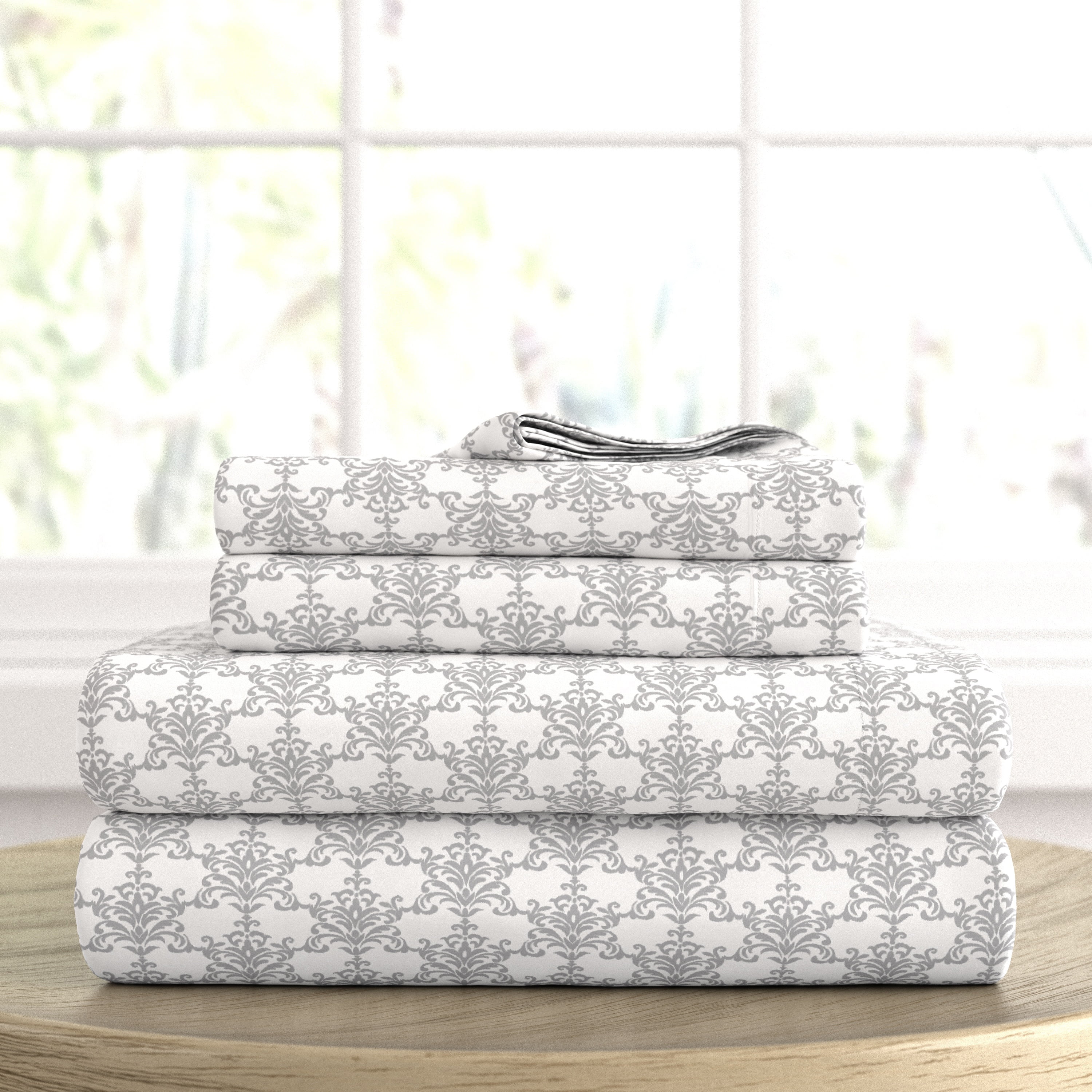 Noble Linens 4 Piece Pattern Microfiber Bed Sheets Set, Light Gray Soft Bouquet, California King
