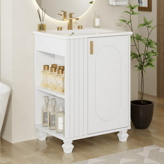 Christopher Knight Home 24" Bathroom Vanity with Sink, Wood Storage Cabinet with Side Open Storage, White