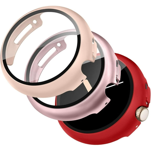 KOMI 3 Pack Cases for Google Pixel Watch, Hard PC Frame Scratch Resistant Bumper Cover with Tempered Glass Screen Protector for Google Pixel Watch (2022) 41mm Accessories, Pink Sand/Rose Pink/Red